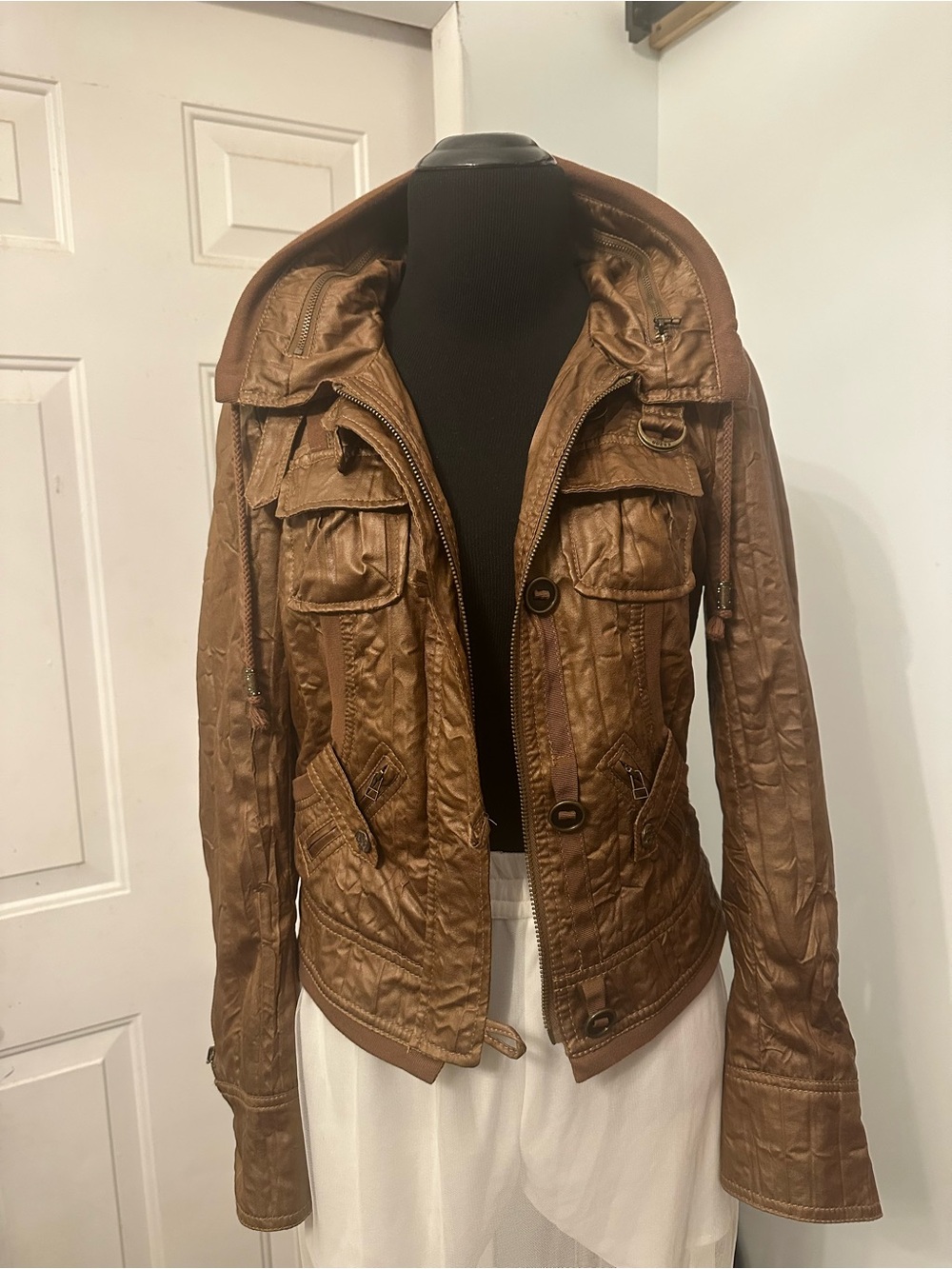 Vintage Guess Brown Hooded Leather Utility Jacket